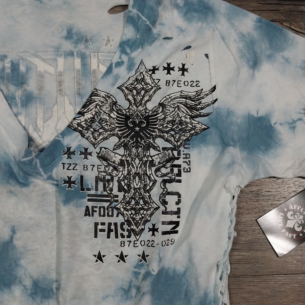 Affliction Shirt Womens L Iron Armada Blue Tie Dye Tee Live Fast Biker Punk Y2K - Picture 3 of 9